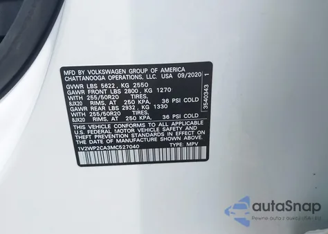 2021 Volkswagen Atlas 2.0T Se W/Technology from USA, damaged, VIN 1V2WP2CA3MC527040